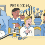 Cartoon man chatting to a friend as a man uses a long straw to drink pint