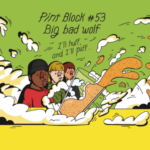 Pint Block #53 Big Bad Wolf. Three cartoon people blowing over a pint