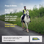 "Freya & Binks. Both love selfies. Both feel safer when passed with caution. Travel like you know them. Pass horse riders at speeds under 10mph and allow at least 2 metres of space. Follow The Highway Code. THINK!" An image showing a woman wearing high vis coat and a helmet, riding a grey horse, on the side of a country road. The horse is wearing high vis leg bands.