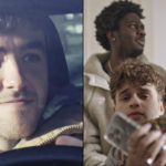 The left half shows a young male driver, while the right half shows mates hanging out