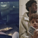 The left half shows a young male driver, while the right half shows mates hanging out