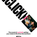 An illustration of a seatbelt with 'CLICK' forming the strap and a photo of a young man carrying drinks on the buckle. Text reads 'The sound of seat belts getting your mates to the drive-thru and back. THINK! Supported by'