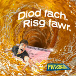 An animation of a young man trying to escape from his driving licence as it's being sucked into a whirpool of beer in a pint glass. The text reads in Welsh 'Diod fach. Risg fawr.'