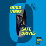 A young male driver and a young man on a night out pictured within the centre of an illustrated 0%. The text reads 'Good Vibes. Safe Drives. Driving? THINK! 0%'