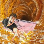 An animation of a young man trying to escape from his driving licence as it's being sucked into a whirpool of beer in a pint glass.