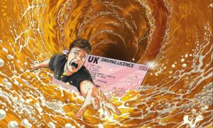 An animation of a young man trying to escape from his driving licence as it's being sucked into a whirpool of beer in a pint glass.
