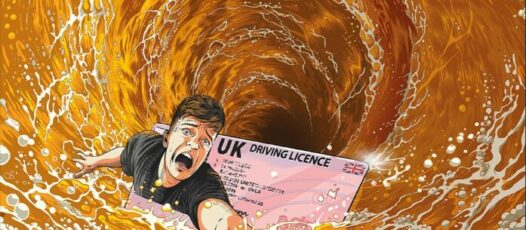 An animation of a young man trying to escape from his driving licence as it's being sucked into a whirpool of beer in a pint glass.