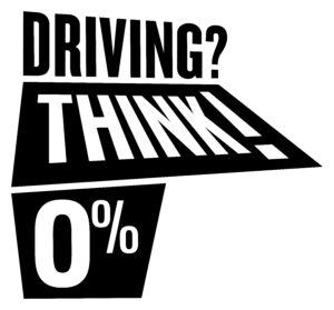 THINK! 0% logo reads 'Driving? THINK! 0%' with a transparent background