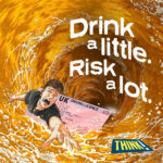 An animation of a young man trying to escape from his driving licence as it's being sucked into a whirpool of beer in a pint glass. The text reads 'Drink a little. Risk a lot.'