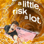 An image of a young man trying to escape from his driving licence as it's being sucked into a whirpool of beer in a pint glass. The text reads 'Drink a little, risk a lot.'