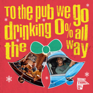 THINK! 0% Christmas 1 x 1 social post. Copy reads "to the pub we go drinking 0% all the way"